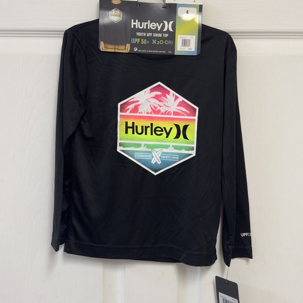 Hurley Dri-Fit Swim Shirt Boys Size 4 Black Neon Rash Guard Long Sleeve UPF 50+